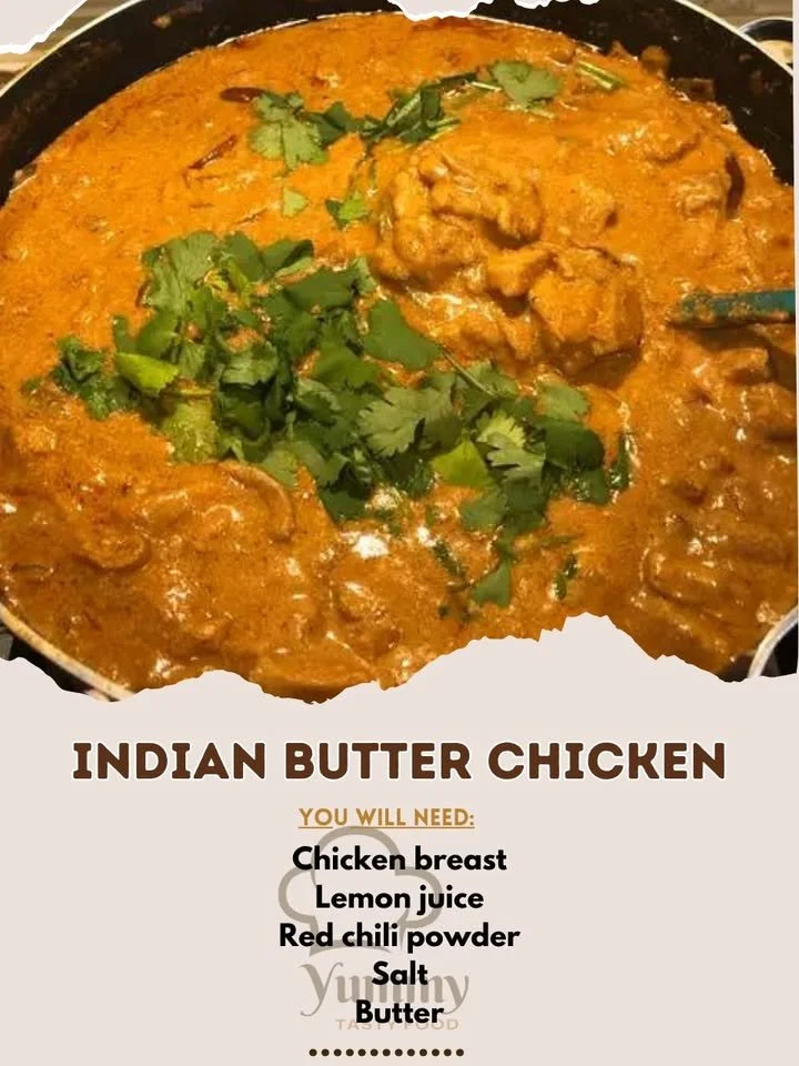 Delicious Indian butter chicken served with rice and naan