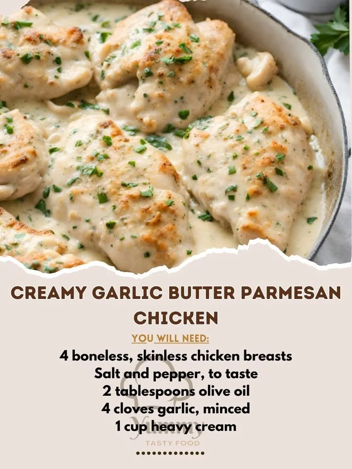Parmesan Chicken served with creamy garlic butter sauce on a plate