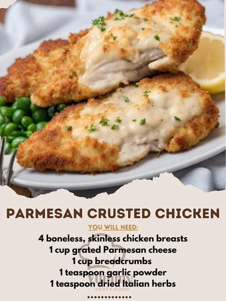 Deliciously baked Parmesan Crusted Chicken with a crispy cheese topping