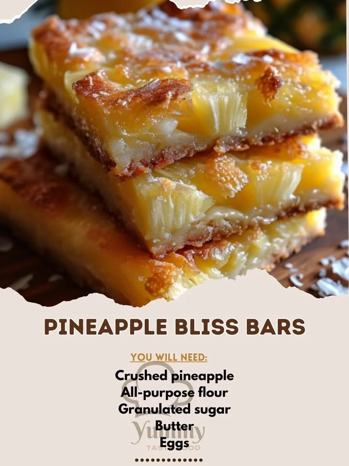 Delicious homemade Pineapple Bliss Bars served on a wooden plate.