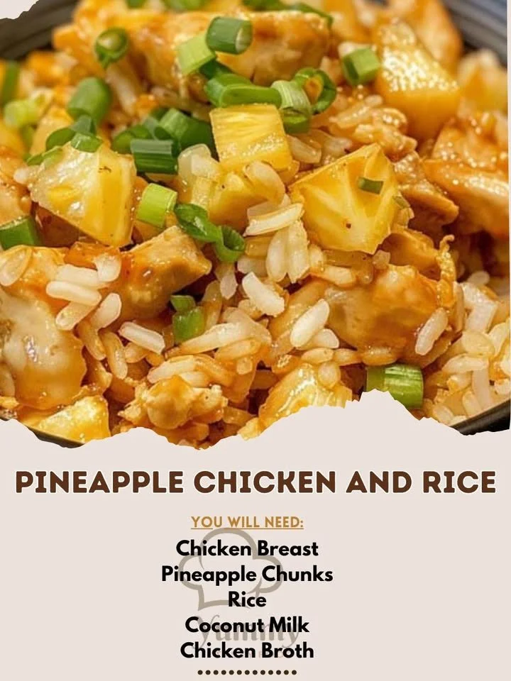 Pineapple Chicken served with rice, garnished with fresh pineapple and herbs.
