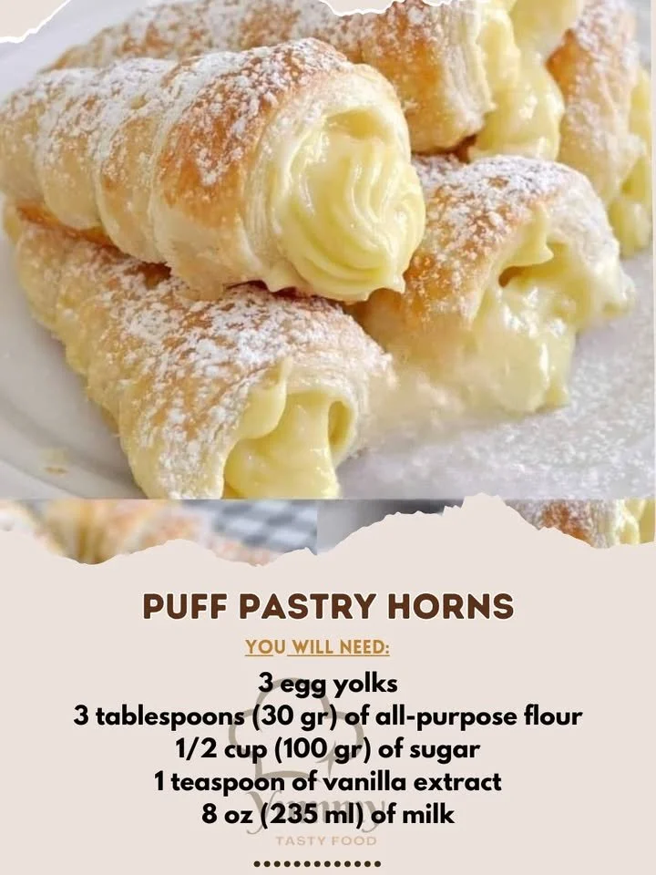 Delicious puff pastry horns filled with cream and topped with powdered sugar