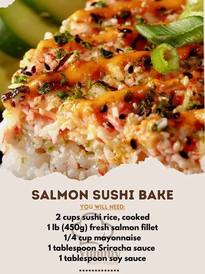 Baked salmon sushi with toppings in a dish
