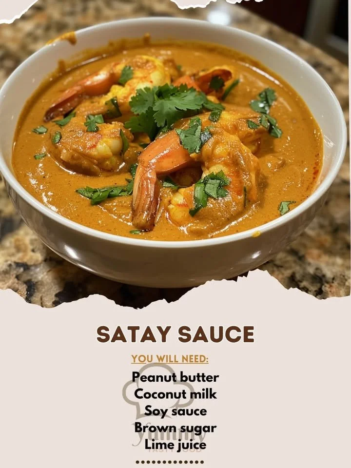 Delicious homemade Satay Sauce served with skewers and fresh vegetables.