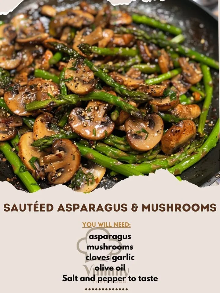 Sautéed asparagus and mushrooms in a skillet, garnished and ready to serve.