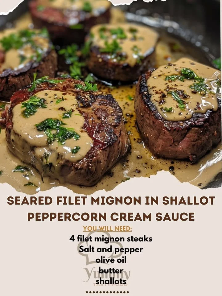 Plate of seared filet mignon drizzled with shallot peppercorn cream sauce