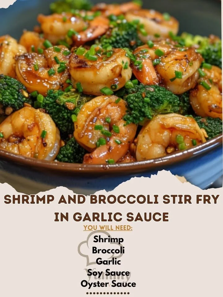 Shrimp and broccoli stir-fry in garlic sauce served in a bowl