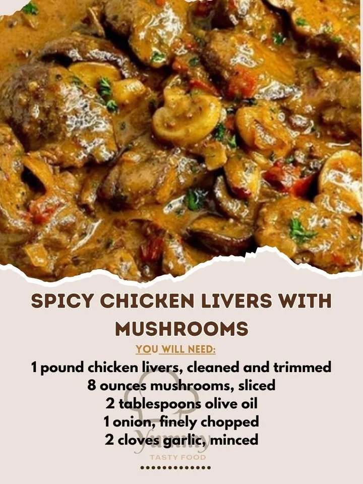 Plate of spicy chicken livers with mushrooms garnished and served.