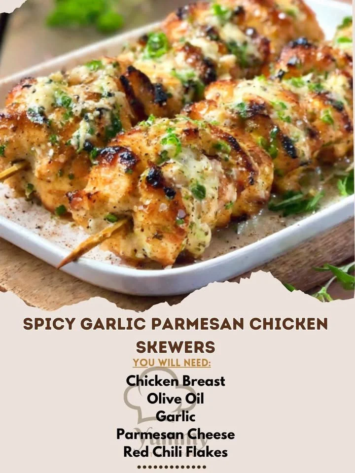 Spicy Garlic-Parmesan Chicken Skewers garnished and ready to serve.