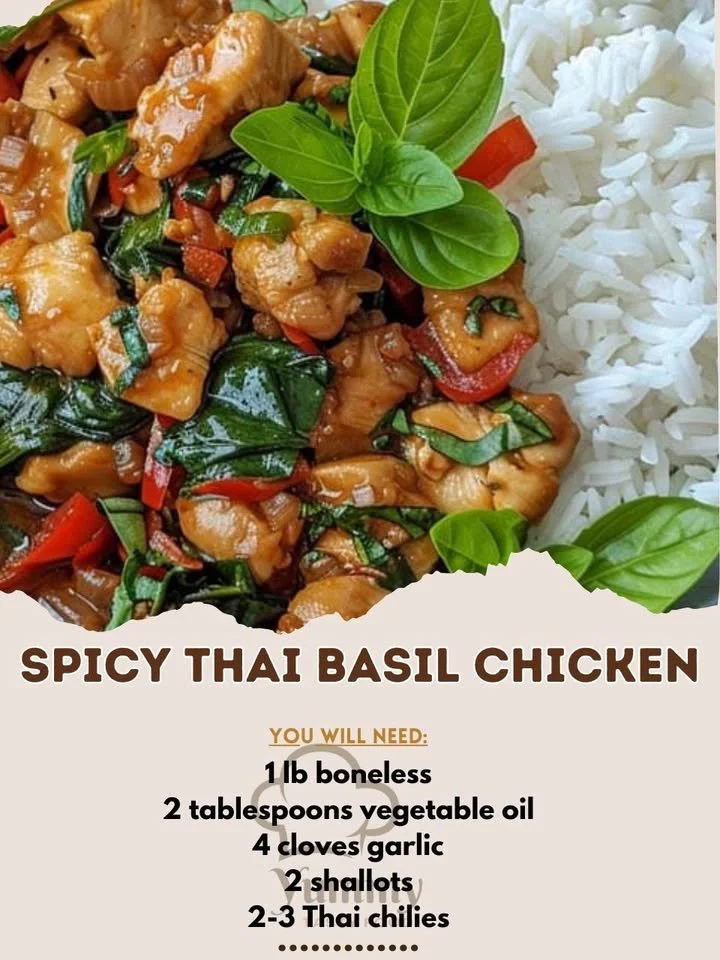 Delicious plate of Spicy Thai Basil Chicken with fresh basil leaves and vibrant colors.