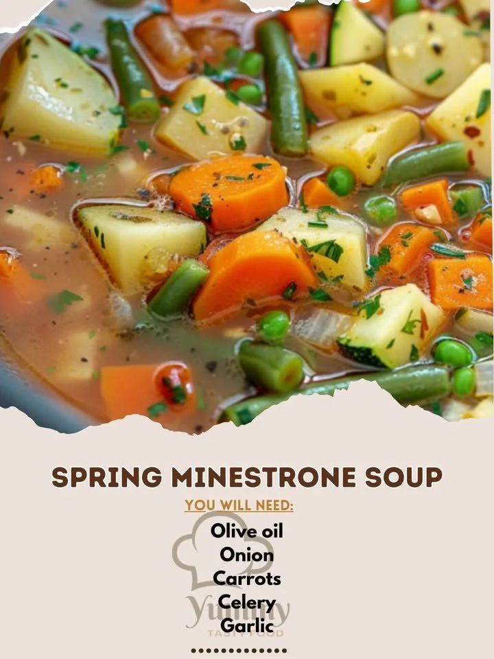 Bowl of fresh spring minestrone soup with colorful vegetables and herbs
