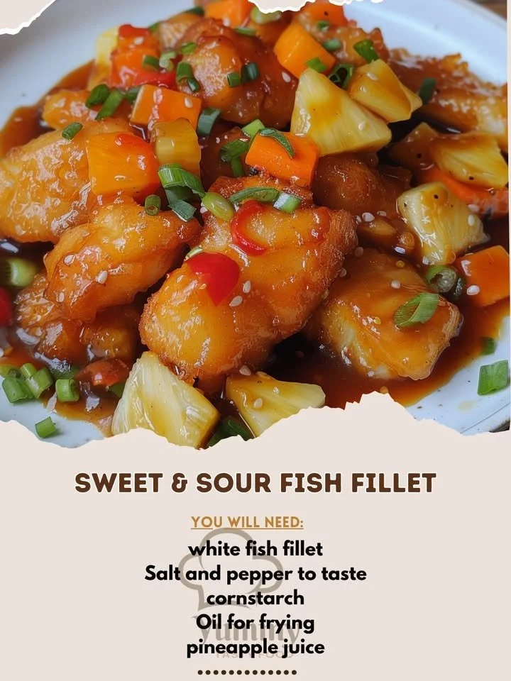 Delicious sweet and sour fish fillet served on a plate with vegetables