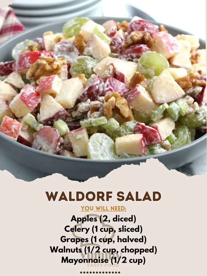 Delicious Waldorf Salad with apples, walnuts, and celery in a creamy dressing