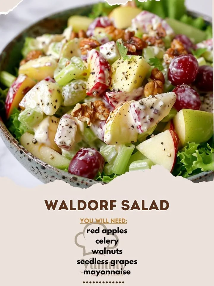 Classic Waldorf Salad with apples, grapes, walnuts, and celery in creamy dressing