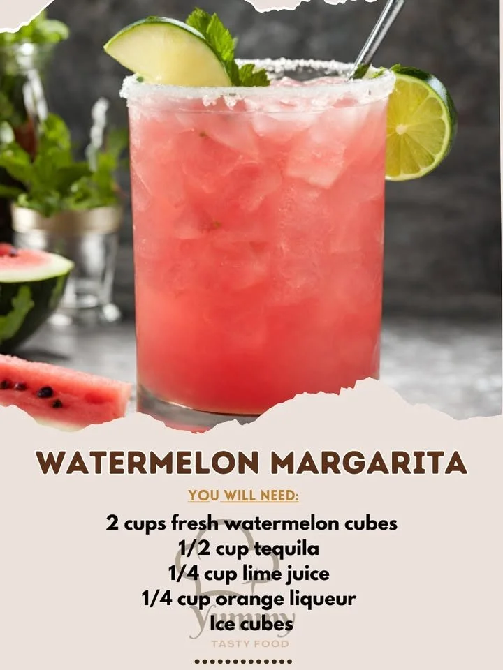 Chilled watermelon margarita in a glass garnished with fresh mint and lime.